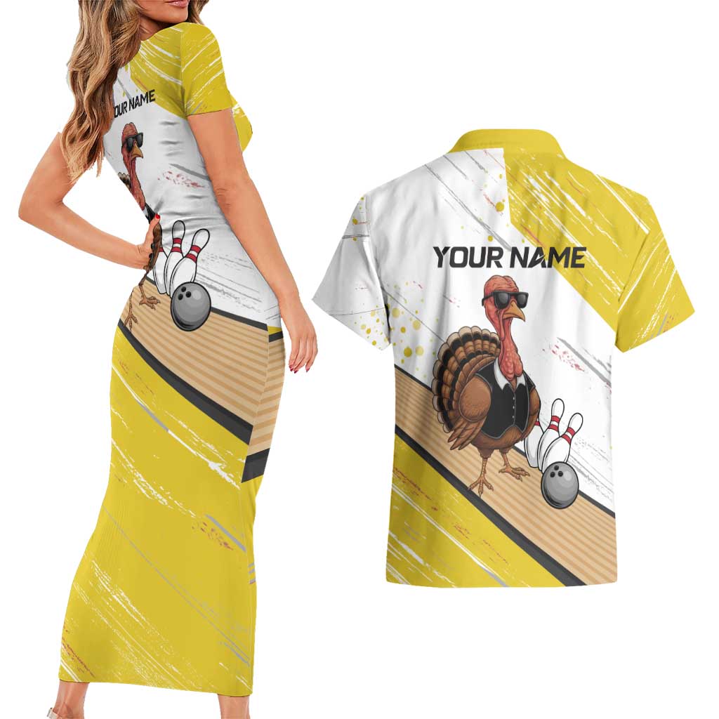 Personalized Funny Turkey Bowling Couples Matching Short Sleeve Bodycon Dress and Hawaiian Shirt with Cool Sunglasses Pins Yellow and White - Wonder Print Shop