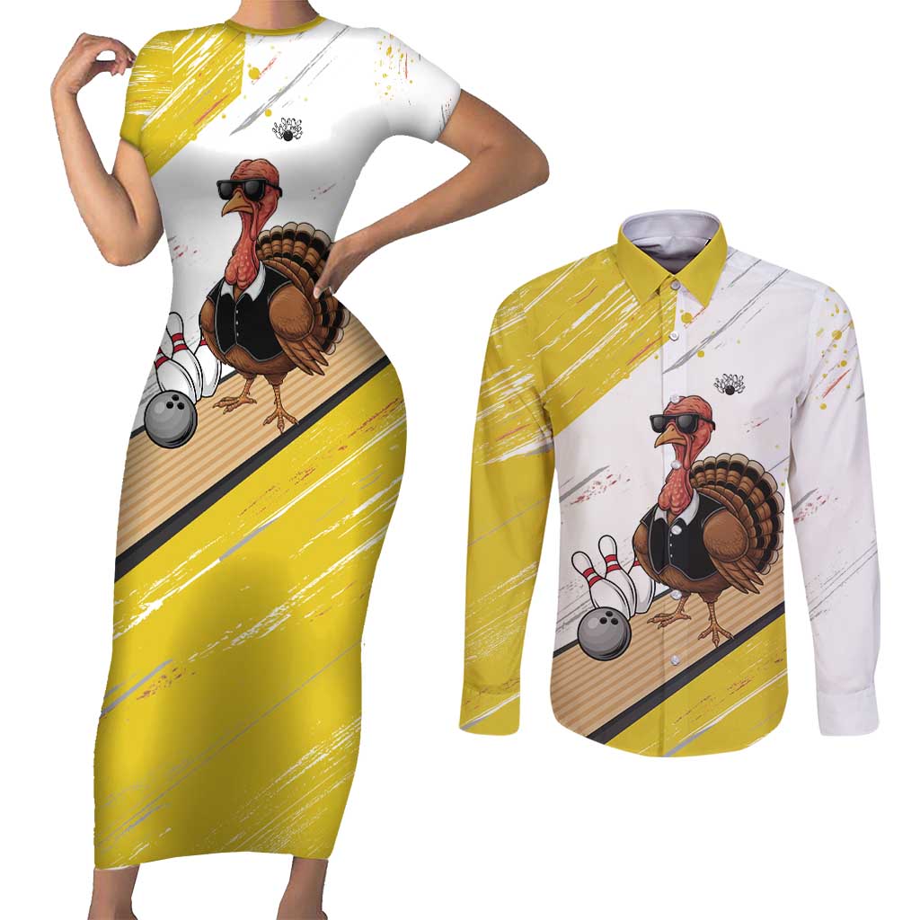 Personalized Funny Turkey Bowling Couples Matching Short Sleeve Bodycon Dress and Long Sleeve Button Shirt with Cool Sunglasses Pins Yellow and White - Wonder Print Shop