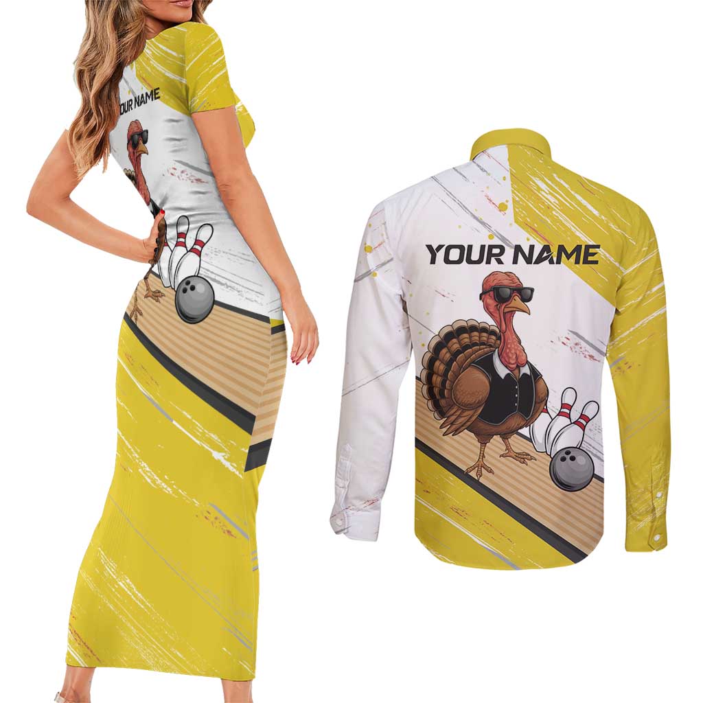 Personalized Funny Turkey Bowling Couples Matching Short Sleeve Bodycon Dress and Long Sleeve Button Shirt with Cool Sunglasses Pins Yellow and White - Wonder Print Shop