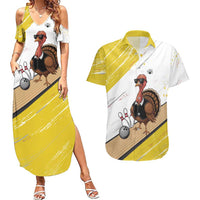 Personalized Funny Turkey Bowling Couples Matching Summer Maxi Dress and Hawaiian Shirt with Cool Sunglasses Pins Yellow and White - Wonder Print Shop