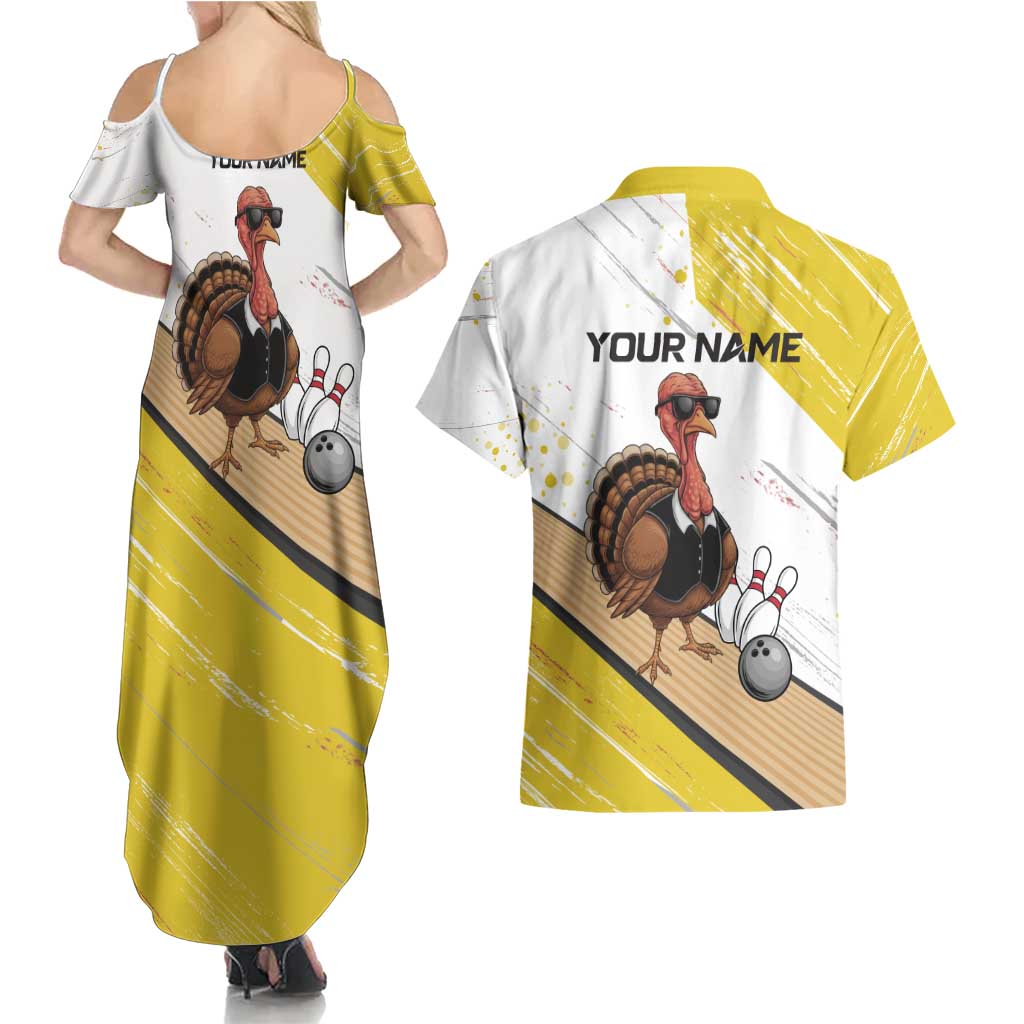 Personalized Funny Turkey Bowling Couples Matching Summer Maxi Dress and Hawaiian Shirt with Cool Sunglasses Pins Yellow and White - Wonder Print Shop