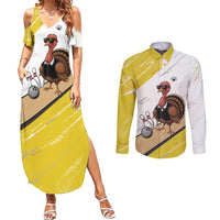 Personalized Funny Turkey Bowling Couples Matching Summer Maxi Dress and Long Sleeve Button Shirt with Cool Sunglasses Pins Yellow and White - Wonder Print Shop