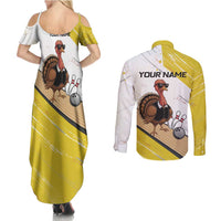 Personalized Funny Turkey Bowling Couples Matching Summer Maxi Dress and Long Sleeve Button Shirt with Cool Sunglasses Pins Yellow and White - Wonder Print Shop