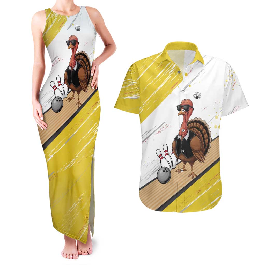 Personalized Funny Turkey Bowling Couples Matching Tank Maxi Dress and Hawaiian Shirt with Cool Sunglasses Pins Yellow and White - Wonder Print Shop