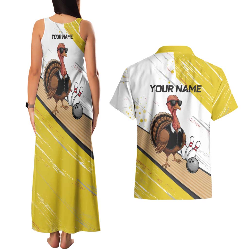 Personalized Funny Turkey Bowling Couples Matching Tank Maxi Dress and Hawaiian Shirt with Cool Sunglasses Pins Yellow and White - Wonder Print Shop
