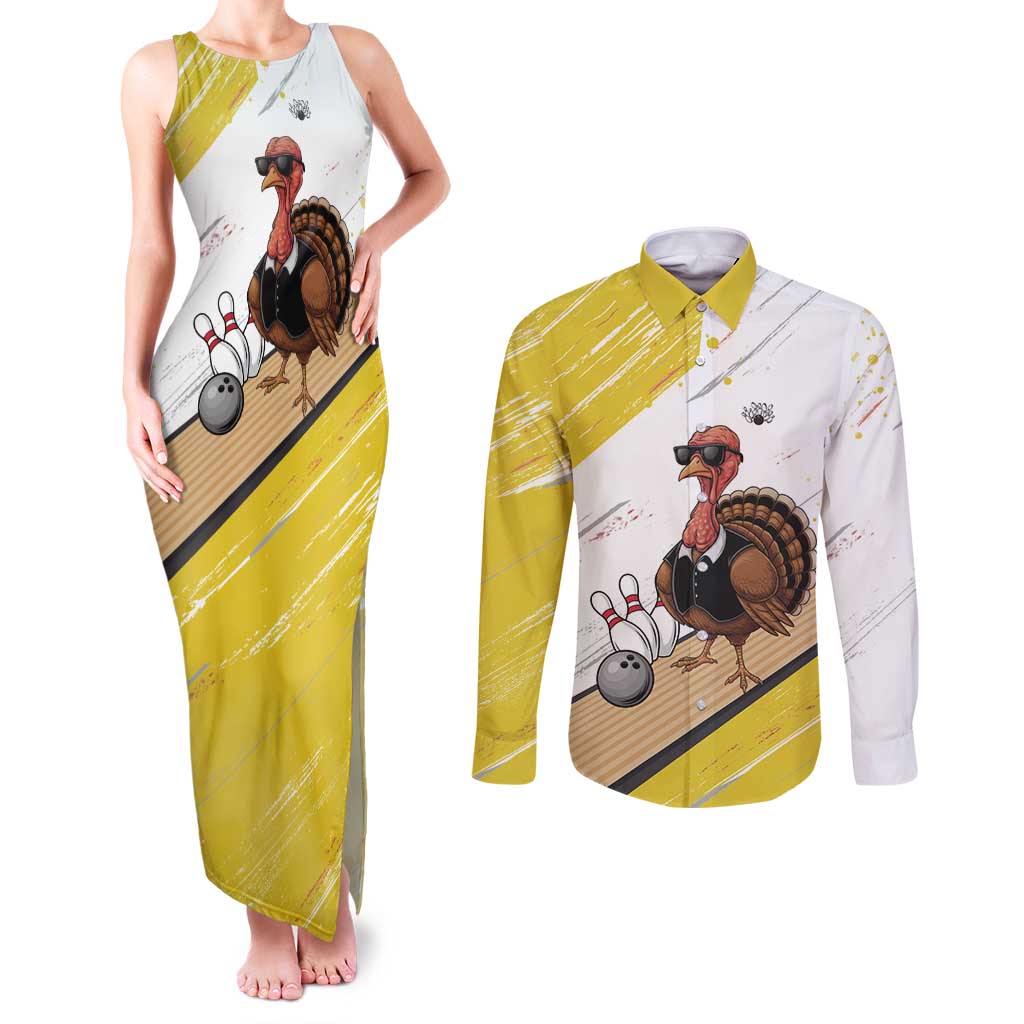 Personalized Funny Turkey Bowling Couples Matching Tank Maxi Dress and Long Sleeve Button Shirt with Cool Sunglasses Pins Yellow and White - Wonder Print Shop