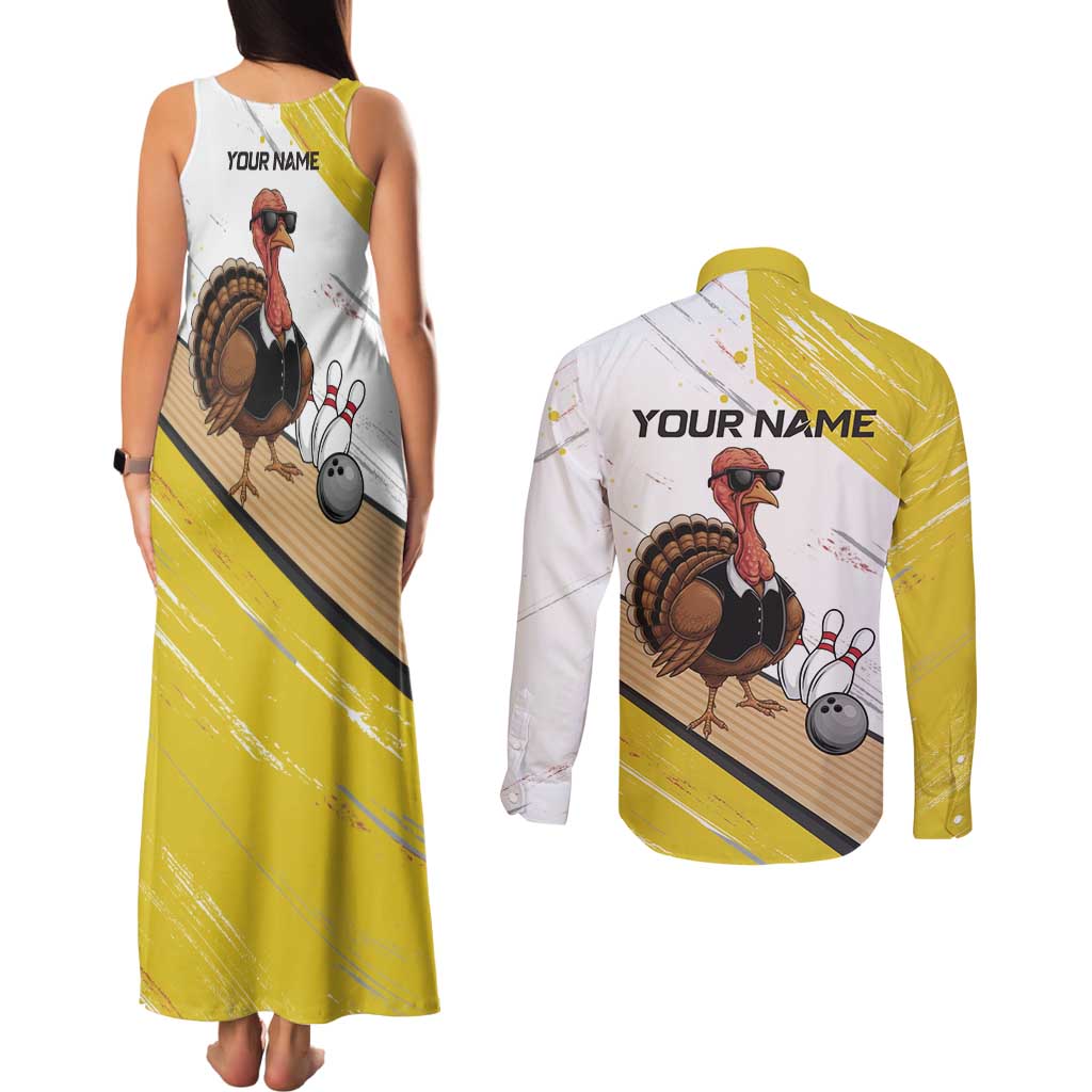Personalized Funny Turkey Bowling Couples Matching Tank Maxi Dress and Long Sleeve Button Shirt with Cool Sunglasses Pins Yellow and White - Wonder Print Shop