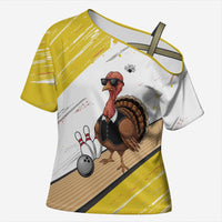 Personalized Funny Turkey Bowling Cross Shoulder Shirt with Cool Sunglasses Pins Yellow and White - Wonder Print Shop