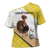 Personalized Funny Turkey Bowling Cross Shoulder Shirt with Cool Sunglasses Pins Yellow and White - Wonder Print Shop