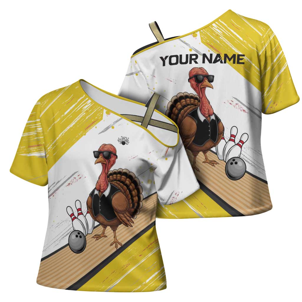 Personalized Funny Turkey Bowling Cross Shoulder Shirt with Cool Sunglasses Pins Yellow and White - Wonder Print Shop