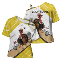 Personalized Funny Turkey Bowling Cross Shoulder Shirt with Cool Sunglasses Pins Yellow and White - Wonder Print Shop