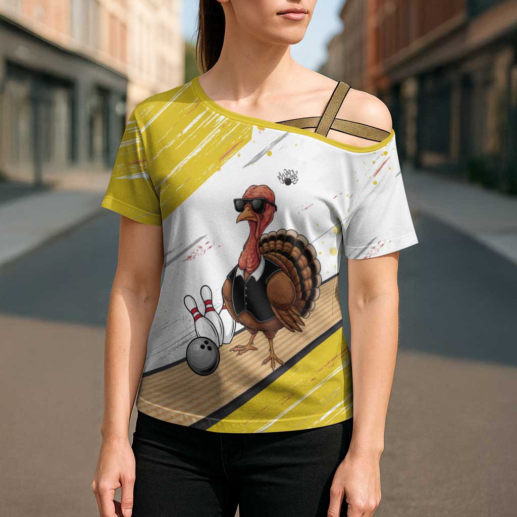 Personalized Funny Turkey Bowling Cross Shoulder Shirt with Cool Sunglasses Pins Yellow and White - Wonder Print Shop