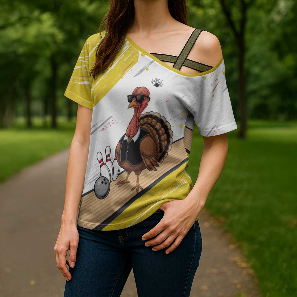 Personalized Funny Turkey Bowling Cross Shoulder Shirt with Cool Sunglasses Pins Yellow and White - Wonder Print Shop
