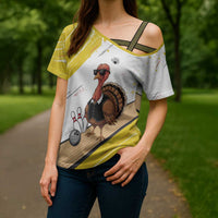 Personalized Funny Turkey Bowling Cross Shoulder Shirt with Cool Sunglasses Pins Yellow and White - Wonder Print Shop