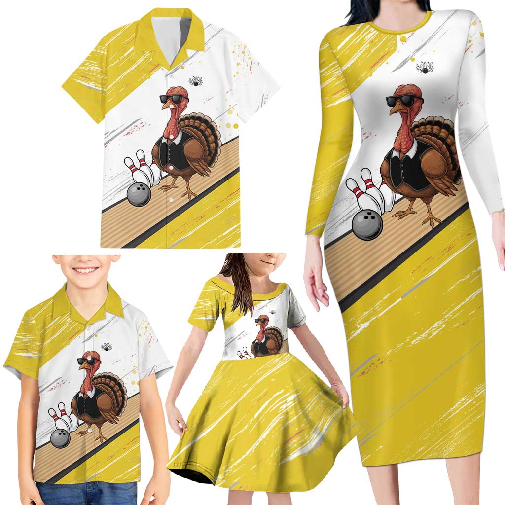 Personalized Funny Turkey Bowling Family Matching Long Sleeve Bodycon Dress and Hawaiian Shirt with Cool Sunglasses Pins Yellow and White - Wonder Print Shop