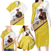 Personalized Funny Turkey Bowling Family Matching Long Sleeve Bodycon Dress and Hawaiian Shirt with Cool Sunglasses Pins Yellow and White - Wonder Print Shop