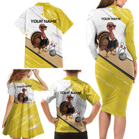 Personalized Funny Turkey Bowling Family Matching Long Sleeve Bodycon Dress and Hawaiian Shirt with Cool Sunglasses Pins Yellow and White - Wonder Print Shop