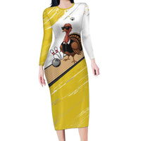 Personalized Funny Turkey Bowling Family Matching Long Sleeve Bodycon Dress and Hawaiian Shirt with Cool Sunglasses Pins Yellow and White - Wonder Print Shop