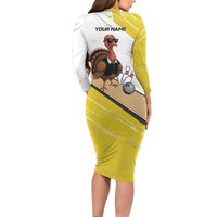 Personalized Funny Turkey Bowling Family Matching Long Sleeve Bodycon Dress and Hawaiian Shirt with Cool Sunglasses Pins Yellow and White - Wonder Print Shop
