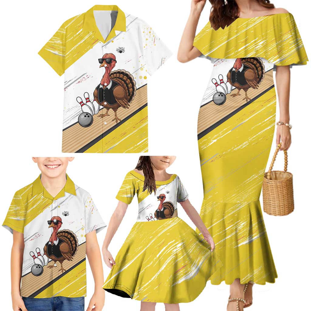 Personalized Funny Turkey Bowling Family Matching Mermaid Dress and Hawaiian Shirt with Cool Sunglasses Pins Yellow and White - Wonder Print Shop
