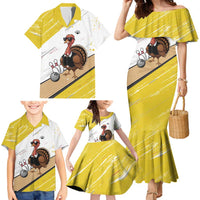 Personalized Funny Turkey Bowling Family Matching Mermaid Dress and Hawaiian Shirt with Cool Sunglasses Pins Yellow and White - Wonder Print Shop