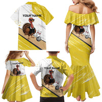 Personalized Funny Turkey Bowling Family Matching Mermaid Dress and Hawaiian Shirt with Cool Sunglasses Pins Yellow and White - Wonder Print Shop