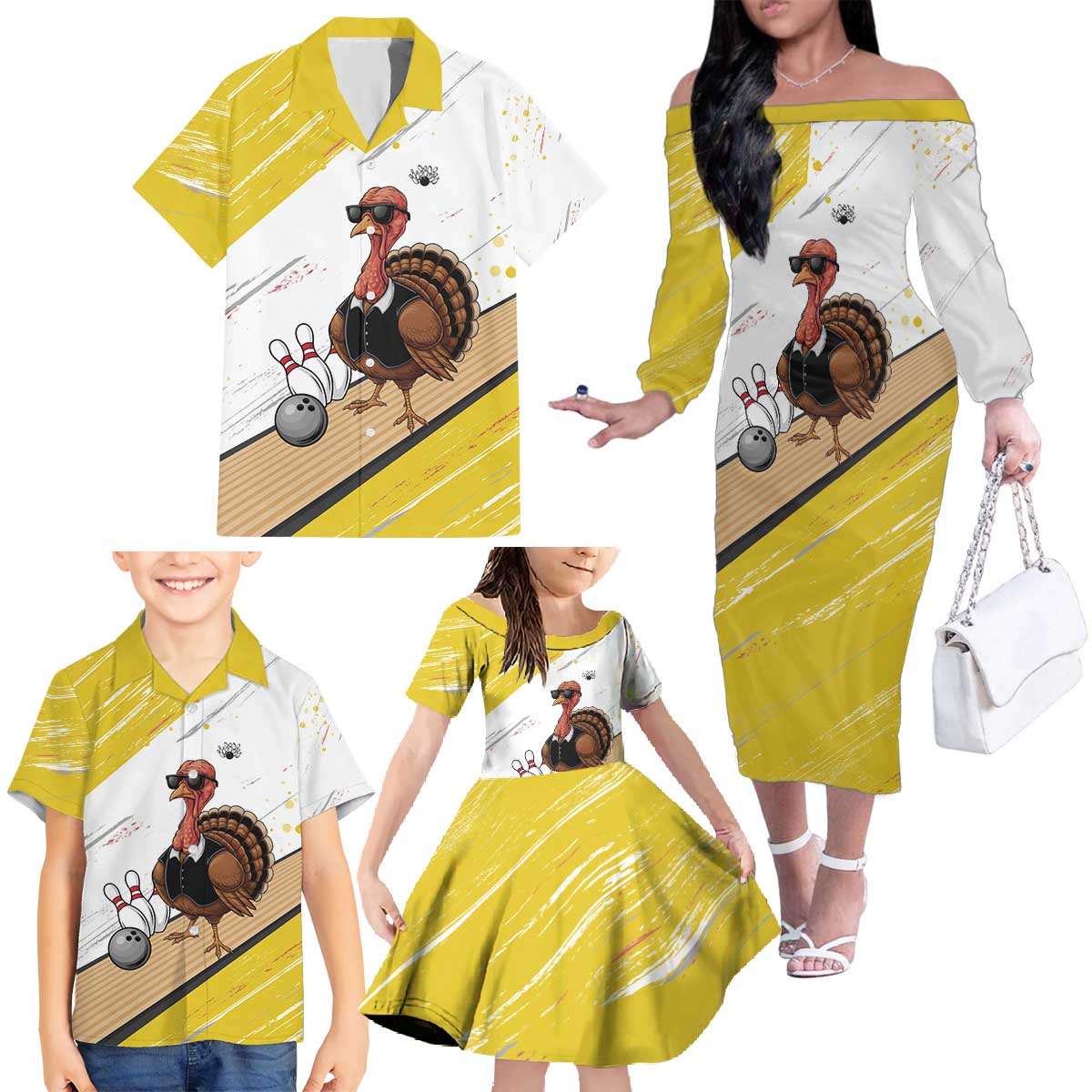 Personalized Funny Turkey Bowling Family Matching Off The Shoulder Long Sleeve Dress and Hawaiian Shirt with Cool Sunglasses Pins Yellow and White - Wonder Print Shop