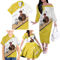 Personalized Funny Turkey Bowling Family Matching Off The Shoulder Long Sleeve Dress and Hawaiian Shirt with Cool Sunglasses Pins Yellow and White - Wonder Print Shop
