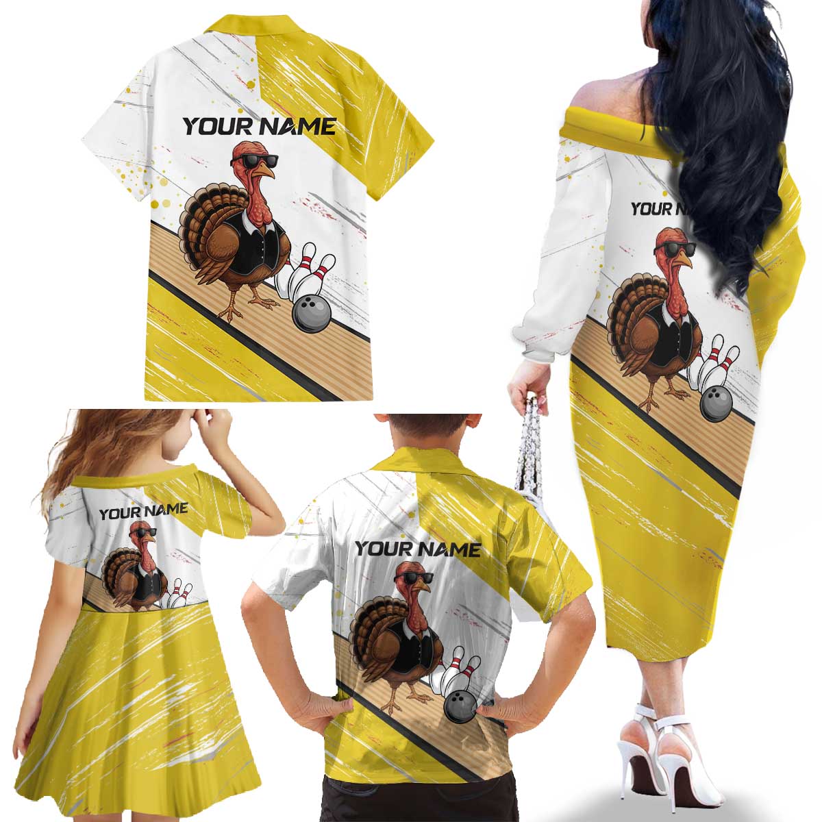 Personalized Funny Turkey Bowling Family Matching Off The Shoulder Long Sleeve Dress and Hawaiian Shirt with Cool Sunglasses Pins Yellow and White - Wonder Print Shop