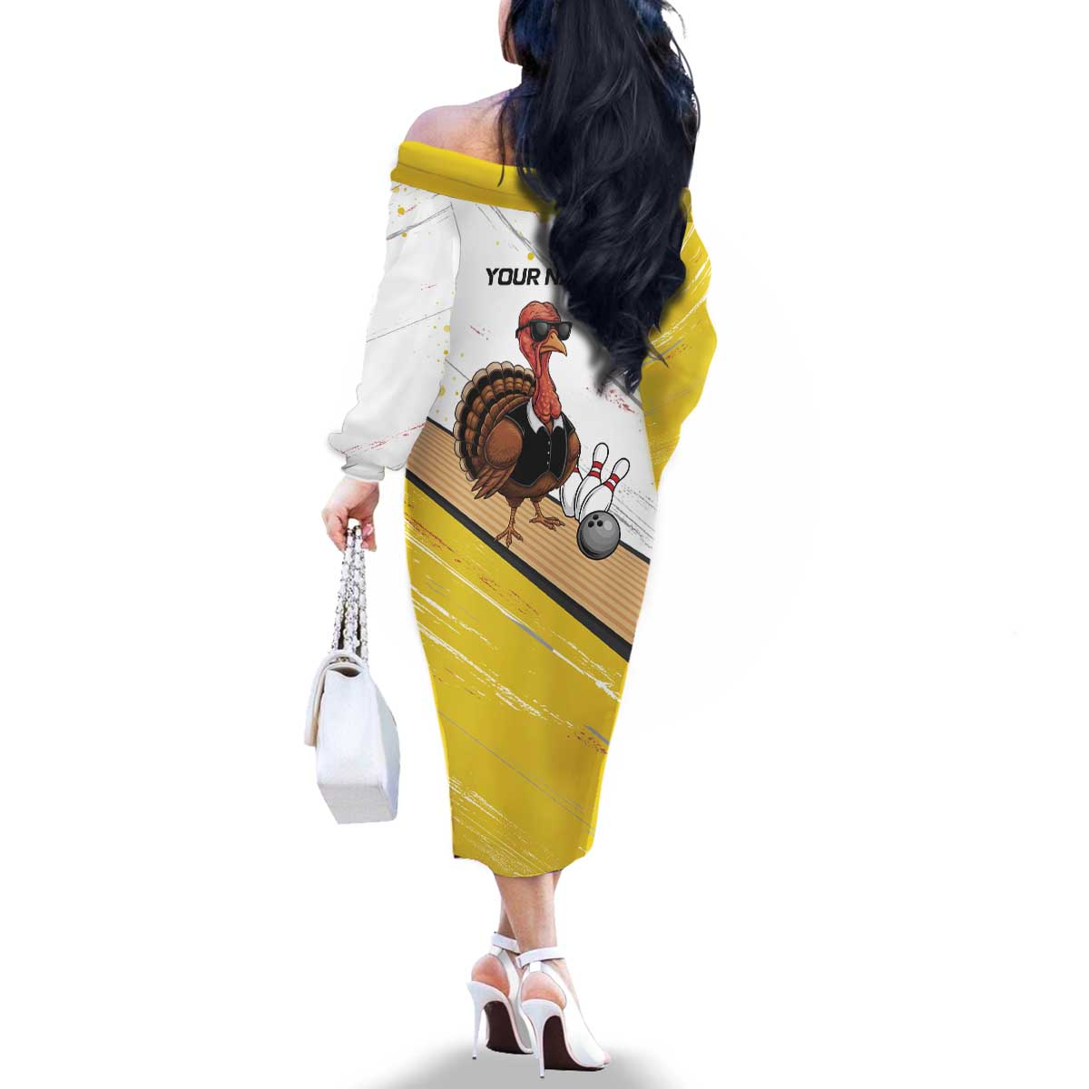 Personalized Funny Turkey Bowling Family Matching Off The Shoulder Long Sleeve Dress and Hawaiian Shirt with Cool Sunglasses Pins Yellow and White - Wonder Print Shop