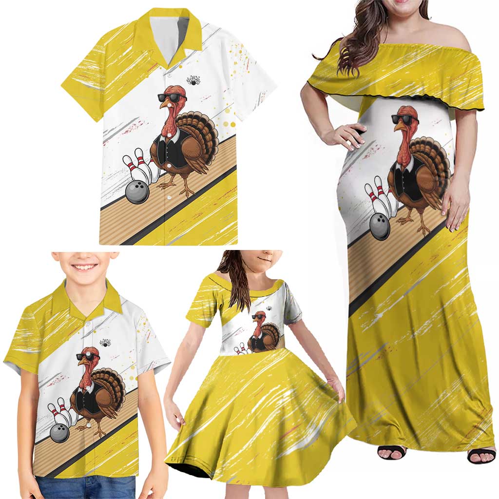 Personalized Funny Turkey Bowling Family Matching Off Shoulder Maxi Dress and Hawaiian Shirt with Cool Sunglasses Pins Yellow and White - Wonder Print Shop