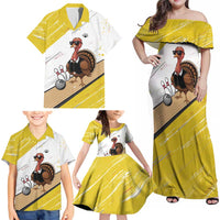 Personalized Funny Turkey Bowling Family Matching Off Shoulder Maxi Dress and Hawaiian Shirt with Cool Sunglasses Pins Yellow and White - Wonder Print Shop