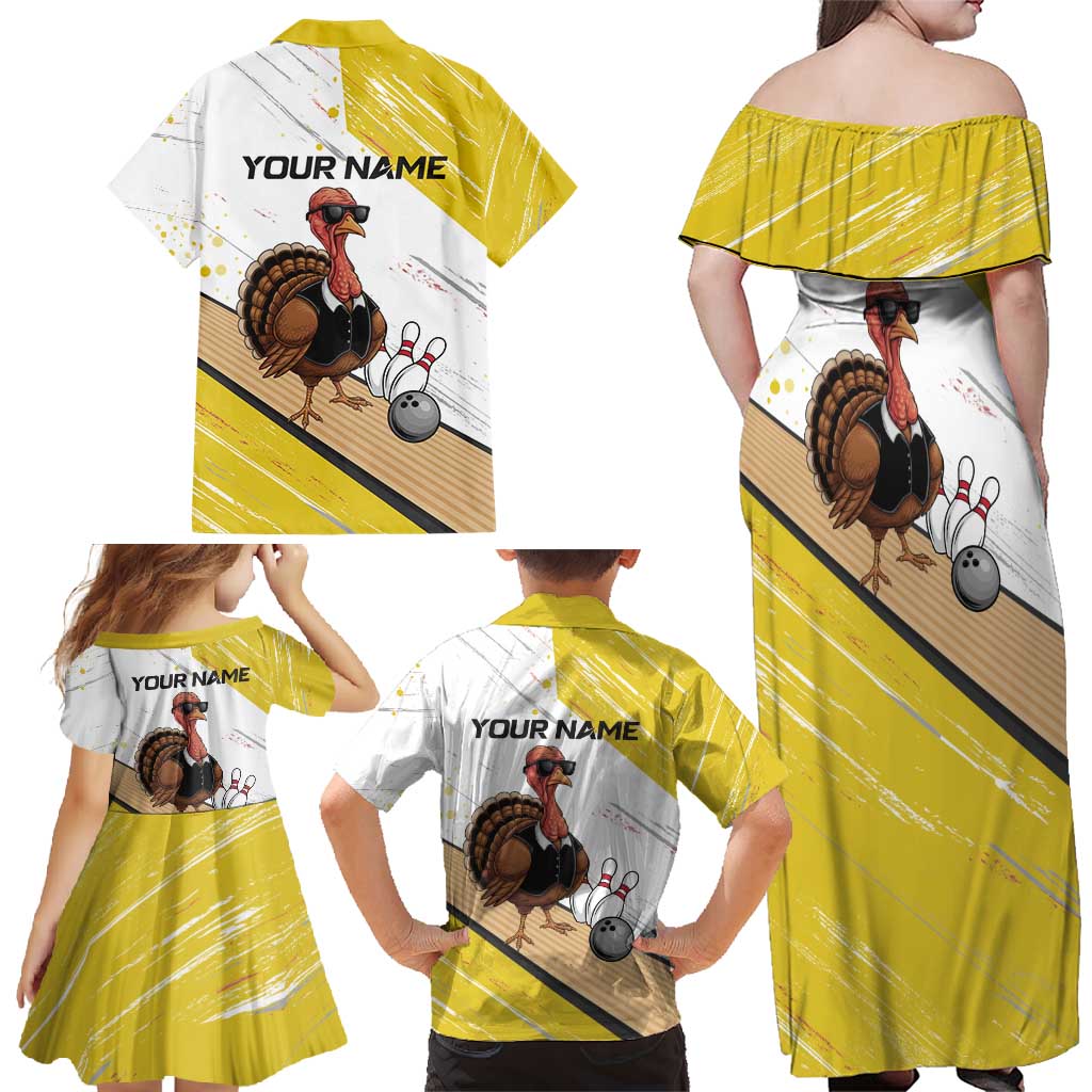 Personalized Funny Turkey Bowling Family Matching Off Shoulder Maxi Dress and Hawaiian Shirt with Cool Sunglasses Pins Yellow and White - Wonder Print Shop
