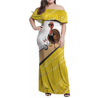Personalized Funny Turkey Bowling Family Matching Off Shoulder Maxi Dress and Hawaiian Shirt with Cool Sunglasses Pins Yellow and White - Wonder Print Shop