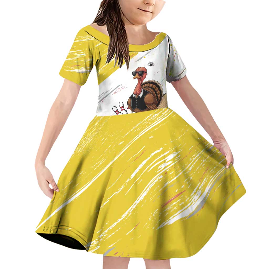 Personalized Funny Turkey Bowling Family Matching Off Shoulder Short Dress and Hawaiian Shirt with Cool Sunglasses Pins Yellow and White - Wonder Print Shop