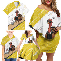 Personalized Funny Turkey Bowling Family Matching Off Shoulder Short Dress and Hawaiian Shirt with Cool Sunglasses Pins Yellow and White - Wonder Print Shop