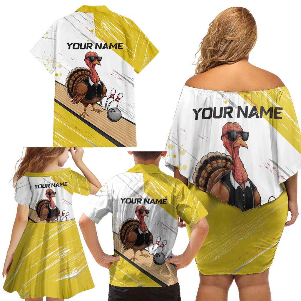 Personalized Funny Turkey Bowling Family Matching Off Shoulder Short Dress and Hawaiian Shirt with Cool Sunglasses Pins Yellow and White - Wonder Print Shop