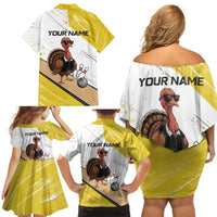 Personalized Funny Turkey Bowling Family Matching Off Shoulder Short Dress and Hawaiian Shirt with Cool Sunglasses Pins Yellow and White - Wonder Print Shop