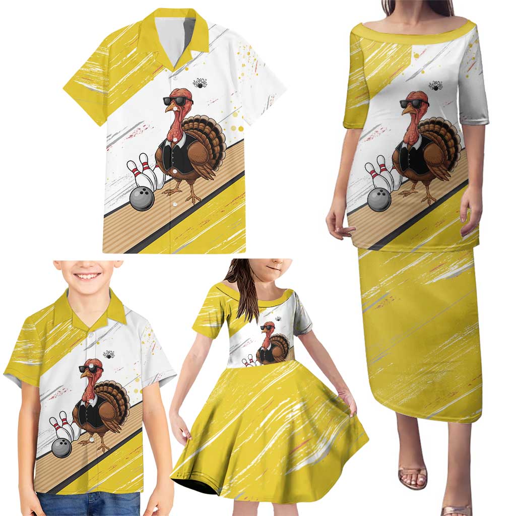 Personalized Funny Turkey Bowling Family Matching Puletasi and Hawaiian Shirt with Cool Sunglasses Pins Yellow and White - Wonder Print Shop