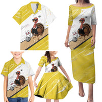Personalized Funny Turkey Bowling Family Matching Puletasi and Hawaiian Shirt with Cool Sunglasses Pins Yellow and White - Wonder Print Shop