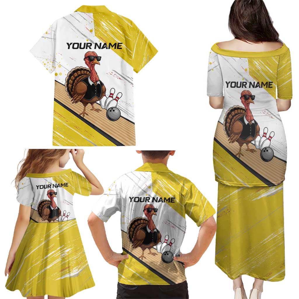 Personalized Funny Turkey Bowling Family Matching Puletasi and Hawaiian Shirt with Cool Sunglasses Pins Yellow and White - Wonder Print Shop