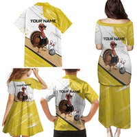 Personalized Funny Turkey Bowling Family Matching Puletasi and Hawaiian Shirt with Cool Sunglasses Pins Yellow and White - Wonder Print Shop