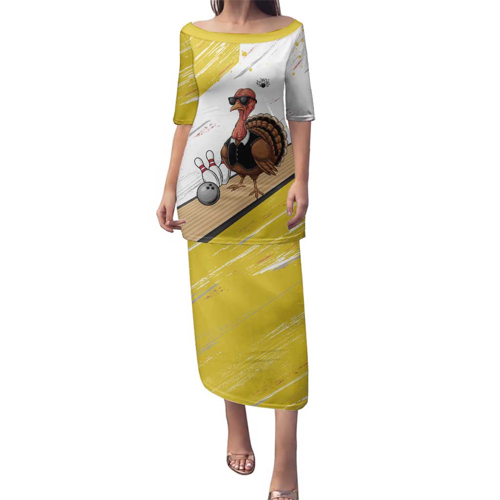 Personalized Funny Turkey Bowling Family Matching Puletasi and Hawaiian Shirt with Cool Sunglasses Pins Yellow and White - Wonder Print Shop