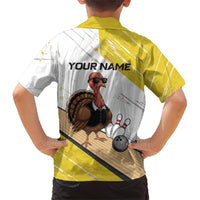Personalized Funny Turkey Bowling Family Matching Short Sleeve Bodycon Dress and Hawaiian Shirt with Cool Sunglasses Pins Yellow and White - Wonder Print Shop