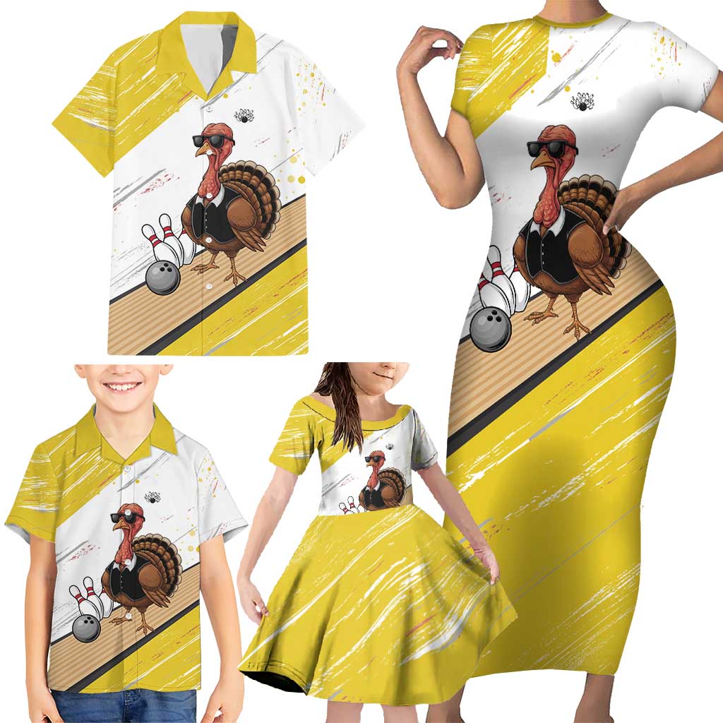 Personalized Funny Turkey Bowling Family Matching Short Sleeve Bodycon Dress and Hawaiian Shirt with Cool Sunglasses Pins Yellow and White - Wonder Print Shop