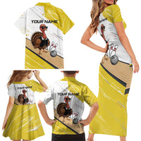 Personalized Funny Turkey Bowling Family Matching Short Sleeve Bodycon Dress and Hawaiian Shirt with Cool Sunglasses Pins Yellow and White - Wonder Print Shop
