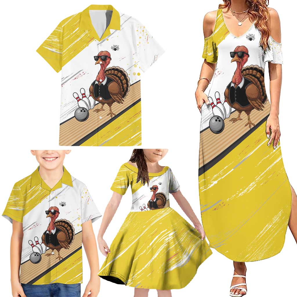 Personalized Funny Turkey Bowling Family Matching Summer Maxi Dress and Hawaiian Shirt with Cool Sunglasses Pins Yellow and White - Wonder Print Shop