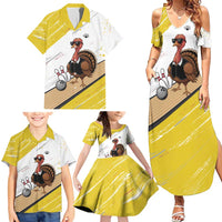 Personalized Funny Turkey Bowling Family Matching Summer Maxi Dress and Hawaiian Shirt with Cool Sunglasses Pins Yellow and White - Wonder Print Shop