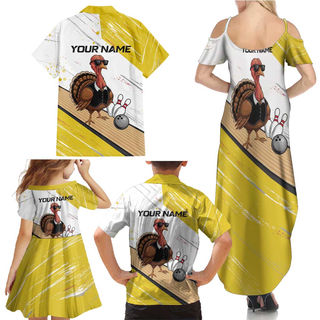 Personalized Funny Turkey Bowling Family Matching Summer Maxi Dress and Hawaiian Shirt with Cool Sunglasses Pins Yellow and White - Wonder Print Shop