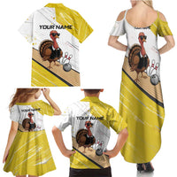 Personalized Funny Turkey Bowling Family Matching Summer Maxi Dress and Hawaiian Shirt with Cool Sunglasses Pins Yellow and White - Wonder Print Shop